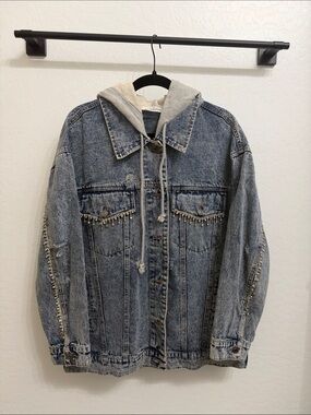 Apricot Lane Blue Denim Jacket with Gray Hood and Stud Trim